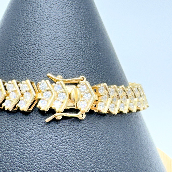 Tennis Bracelet 10K Gold Over Sterling Silver Cubic Zirconia Classic 7" - Picture 3 of 8